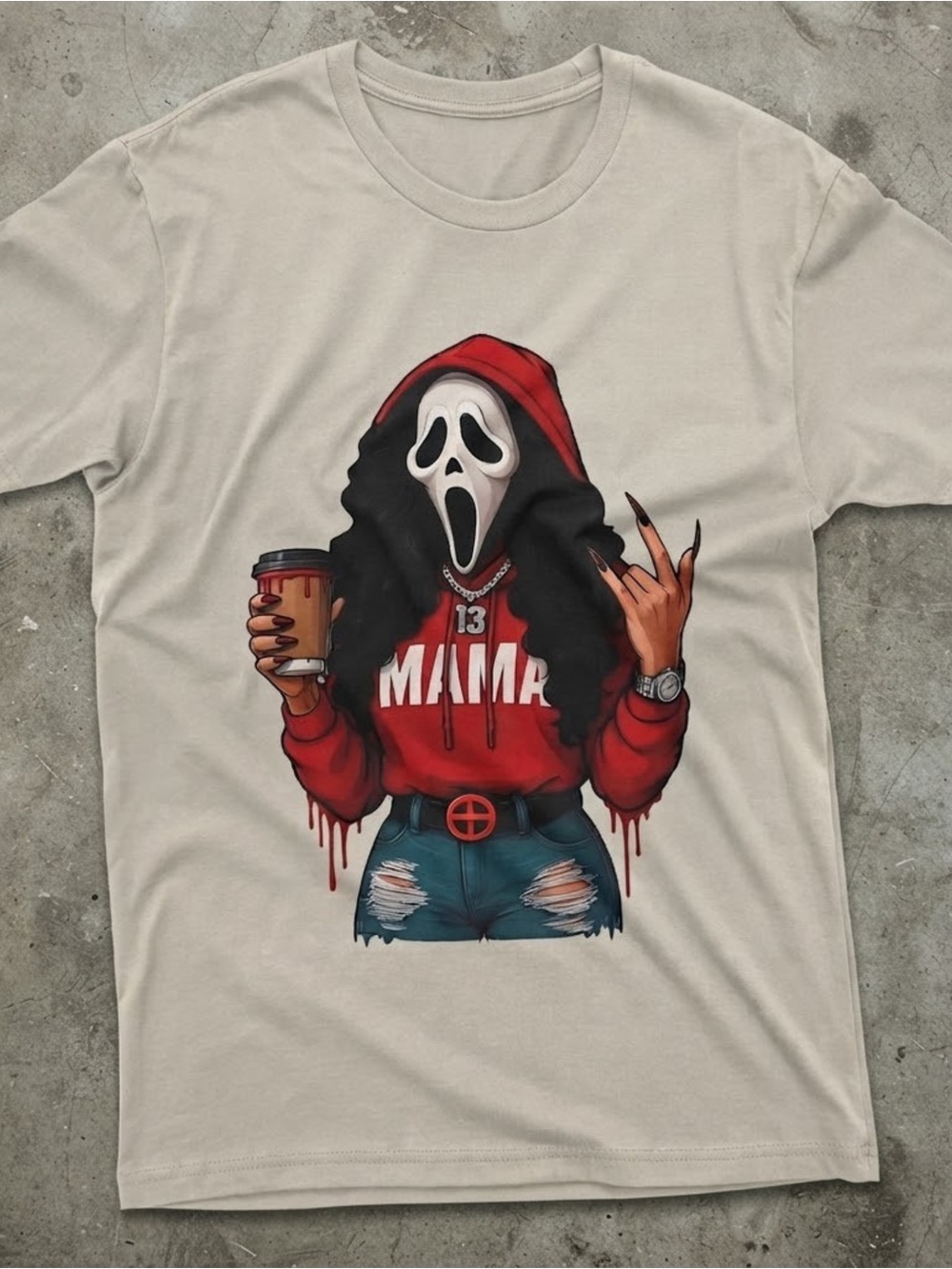 Scream Mask Graphic Tee in Beige with Red Hoodie Design